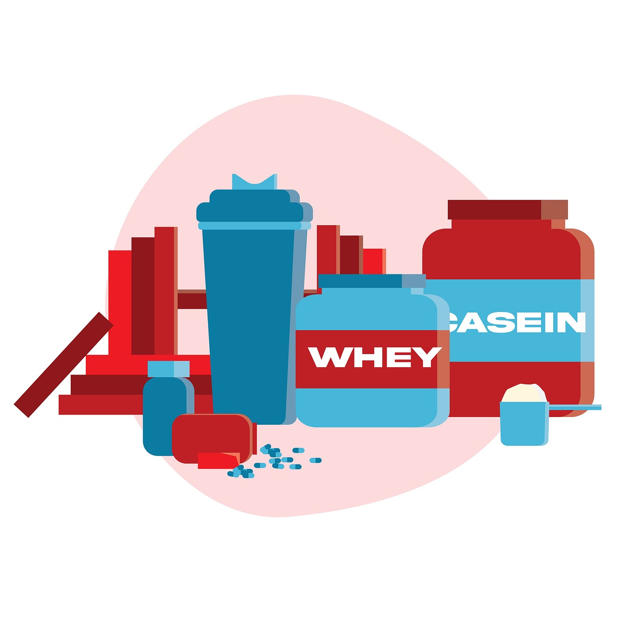 Illustration of various workout supplements including whey and casein