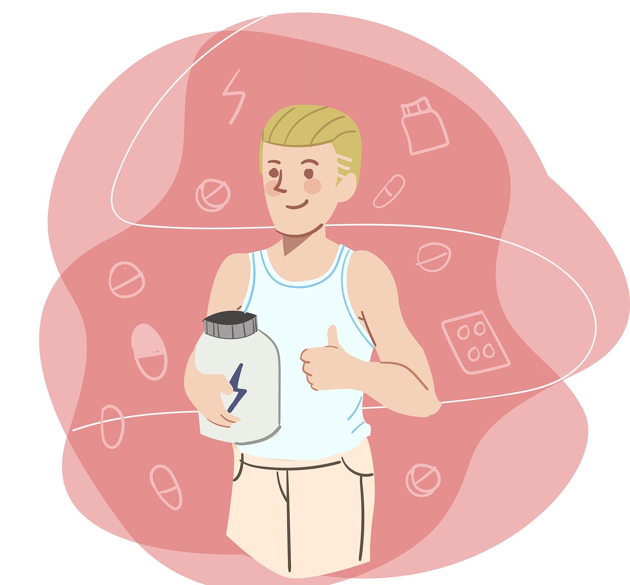 Illustration of a man giving thumbs up with protein shakes and pills background.